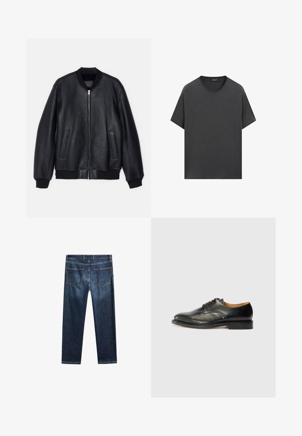 Schwarze Lederbomberjacke mit Reißverschluss, gerippten Bündchen und Saum sowie zwei Seitentaschen. Bietet eine glatte Textur und ein schlichtes Design.; Dunkelgraues T-Shirt mit kurzen Ärmeln und Rundhalsausschnitt, aus Baumwolle gefertigt, mit lockerer Passform und minimalistischer Gestaltung.; Dunkelblaue Jeans aus Denim mit geradem Schnitt, fünf Taschen und kontrastierendem Nähen. Sie verfügen über einen sauberen Bund und Saum.; Schwarzer Lederschuh mit glatter Oberfläche, abgerundetem Zehenbereich und minimaler Schnürung. Verfügt über ein dezentes Design und eine niedrige, robuste Gummisohle.