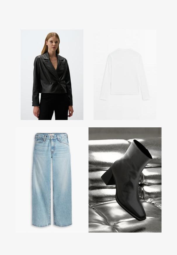 Giacca cropped in pelle nera con colletto a punta, bottoni doppi e texture liscia, dotata di maniche lunghe e vestibilità sagomata.; Maglietta bianca a maniche lunghe, con scollo rotondo, vista da dietro, posata piatta su uno sfondo bianco.; Jeans ampi di colore blu chiaro realizzati in denim, con vita alta, chiusura a bottoni e orlo sfilacciato. Cuciture e tasche visibili.; Stivale alla caviglia nero realizzato in materiale lucido con punta quadrata e tacco affusolato, posizionato su uno sfondo argentato lucido con imbottiture a sfera.