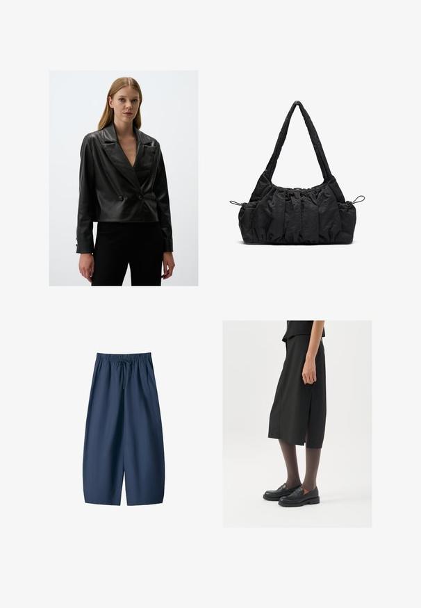 Schwarze lederne kurz geschnittene Jacke mit Reverskragen, doppelt geknöpften Knöpfen und glatter Textur, ausgestattet mit langen Ärmeln und einem taillierten Schnitt.; Graues geripptes Tanktop mit rundem Halsausschnitt und ohne Ärmel. Weicher Stoff und figurbetontes Design, geeignet für lässige Outfits oder als Schicht. ; Marineblaue Shorts aus glattem Stoff mit elastischem Bund und Kordelzug sowie zwei Seitentaschen. Lässige Passform, knielange Ausführung.; Schwarzer knielanger Rock mit seitlichem Schlitz, kombiniert mit schwarzen Loafers und transparenten braunen Strumpfhosen, aus glattem Stoff und mit einem schlichten Design.; Schwarze Stoffhandtasche mit geraffter Textur, zwei Schulterträgern und Kordelzugverschluss an den Seiten. Glattes, leichtes Material.