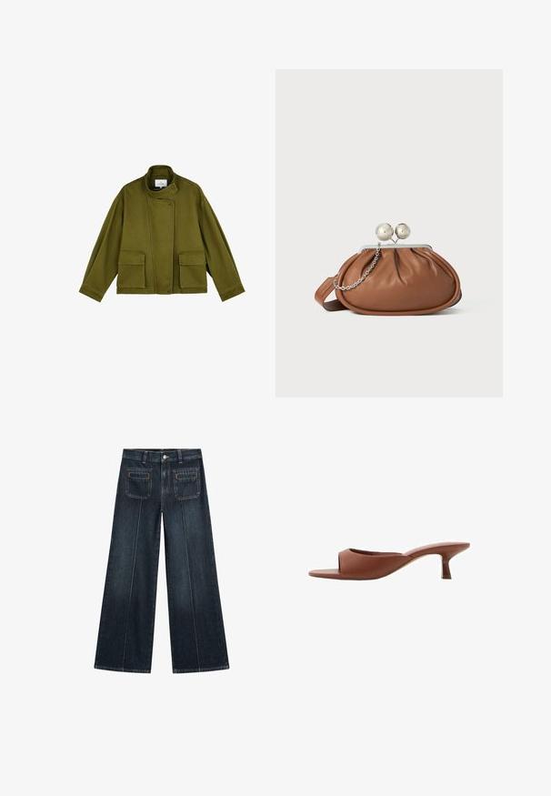 Olivenfarvet jakke lavet af holdbart stof, med en opretstående krave, to frontlommer og knaplukning. Lige snit med lange ærmer.; Langærmet bluse i cremefarve med en rund halsudskæring, der har et lagdelt design og rynkede detaljer i den nederste sektion. Blødt stof med en glat tekstur.; Vide ben jeans i mørk denimvask, med knaplukning, to forlommer og to baglommer med subtile syninger.; Brune åbne tå hæle mules med en glat, mat finish, der har et buet design og en gennemsigtig, afsmalnende hæl.; Brun læder clutch-pung med sølv kugleklap og en lille sølv kædedetalje på en hvid baggrund.