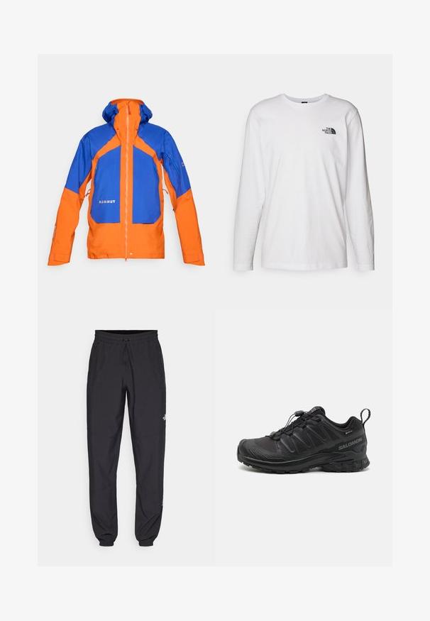 Hiking jacket in orange and blue, featuring a waterproof shell, zippered pockets, adjustable cuffs, and a detachable hood.; White long-sleeve T-shirt made of cotton with a crew neck. Features a small black logo on the chest. Smooth texture, regular fit.; Black athletic pants made from lightweight fabric, featuring a drawstring waistband, side pockets, and tapered cuffs at the ankles.; Black athletic shoe with a textured synthetic upper, cushioned sole, and a quick-lacing system. Features a reinforced toe and heel.