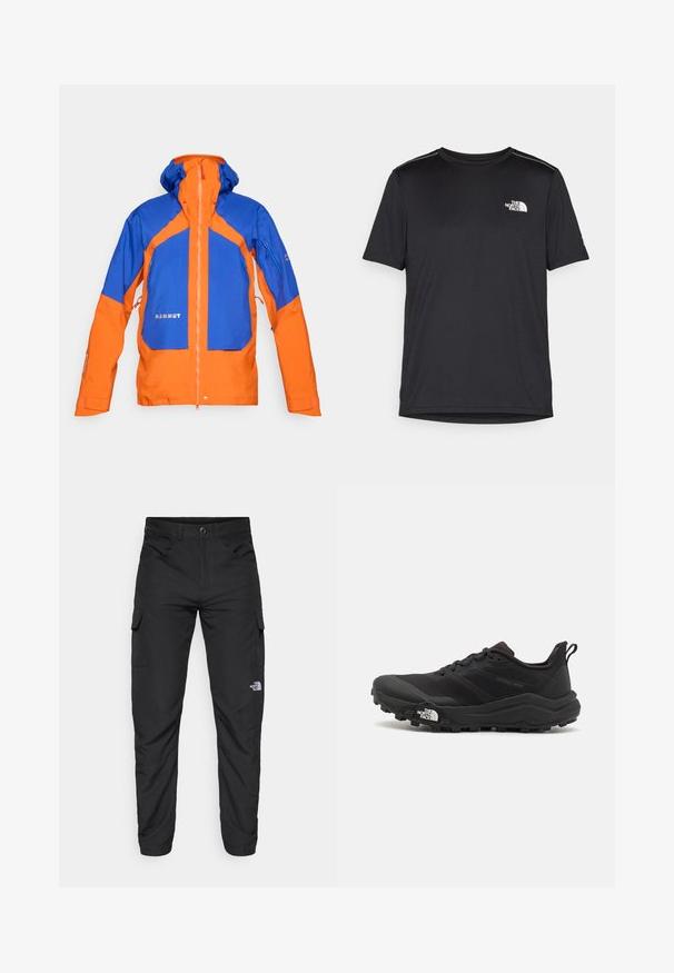 Giacca da trekking in arancione e blu, dotata di un guscio impermeabile, tasche con zip, polsini regolabili e cappuccio staccabile.; T-shirt nero a maniche corte realizzata in tessuto leggero. Presenta un piccolo logo bianco sul lato sinistro del petto e delicati dettagli sulle spalle.; The North Face HORIZON PANT - Pantaloni outdoor - black; Scarpa da trail running nera con tomaia texture, suola in gomma e punta rinforzata. Presenta un collare imbottito e un tassello per un indossamento facile.