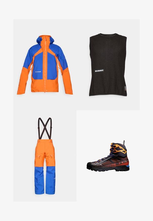 Kurtka hikingowa w kolorze pomarańczowym i niebieskim, z wodoodporną powłoką, zamykanymi kieszeniami, regulowanymi mankietami oraz odpinanym kapturem.; Bezrukawnik w kolorze czarnym z teksturowanego materiału, z białym logo "Mammut" oraz małą czerwoną metką z boku, okrągły dekolt.; Pomarańczowe i niebieskie wodoodporne spodnie z czarnymi regulowanymi szelkami, zapinanymi na zamek kieszeniami z przodu oraz wzmocnionymi panelami na kolanach, idealne do aktywności na świeżym powietrzu.; Czarny i pomarańczowy but trekkingowy wykonany z siatki i gumowych materiałów. Posiada niebieskie akcenty, teksturowane wzory oraz wysoką cholewkę dla wsparcia.