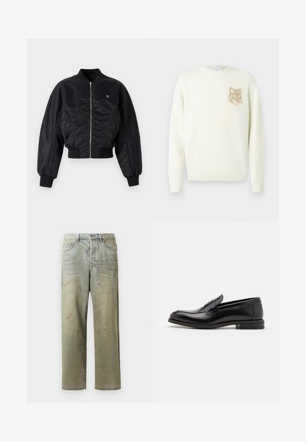 Svart bomberjacka med en glänsande satinfinish, dragkedjestängning, ribbade mudd och nederkant. Har sidofickor och en diskret logotypdetalj på bröstet.; Krämfärgad crewneck-tröja med långa ärmar och en liten beige rävhuvudgrafik på vänster bröst, ribbade muddar och nederkant.; Svart kortärmad t-shirt med rundad halsringning och liten broderad röd orange rävlogotyp på vänster bröst.; Slitna denimjeans i ljusgröna toner, med rak benprofil, femficksdesign och ojämn blekning med färgsplatter.; Svarta läderloafers med en slät yta, rund tå och ett dekorativt band över främre delen. Låg staplad klack, minimalistisk design.