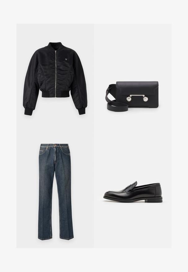 Must mustrikate must-viimistlusega must bomber-jakk, lukuga, soonikutes ja allservas. Omab küljetaskuid ja peent logodetaili rinnal.; Kreemivärvi kudumiga sviiter polo krae, sooniküttega varrukate ja äärega, ees klappi ja pehme tekstuuriga.; Tumedast sinised sirged teksapüksid, millel on ees nupp, tõmblukk, kaks eesmist taskut ja nähtavad vertikaalsed kortsud pükste jalgu pidi.; Mustad mustad nahast loafers sileda tekstuuriga, ümarat ninaosa ja dekoratiivne riba vampi üle. Madal kihiline konts, minimalistlik disain.; Must со хsaid crossover kottiga black nahka, mis on varustatud klapiga sulgemisega, hõbedased detailid ja kaks ümmargust aksessuaar. Omab eemaldatavat rihma. Sile tekstuur.