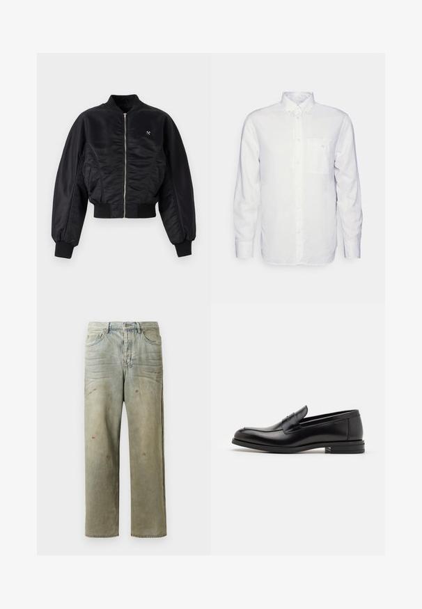 Black bomber jacket with a shiny satin finish, zip closure, ribbed cuffs, and hem. Features side pockets and subtle logo detail on chest.; Long-sleeve white shirt made of cotton, featuring a button-down collar, front pocket, and regular fit. Textured fabric with a smooth surface.; Distressed denim jeans in light green, featuring a straight leg, five-pocket design, and uneven fading with paint splatters.; Black leather loafers with a smooth texture, rounded toe, and a decorative strap across the vamp. Low stacked heel, minimalist design.