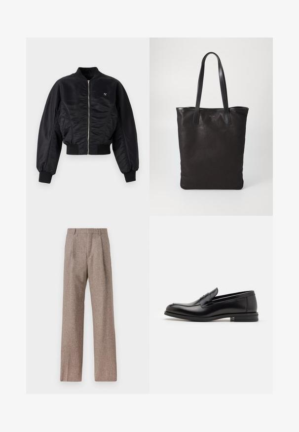 Melna bumbiera jaka ar spīdīgu satīna apdari, ar rāvējslēdzēja aizdari, ribota aproces un apakšmalu. Iespējo sānu kabatas un diskretu logotipa detaļu uz krūtīm.; Gaiši zils garām piedurknēm krekls ar punktētu apkakli, melniem pogām un unikālu izgriezumu priekšpusē, lai izceltu dizainu.; Brūni, augstos šortos izgatavoti no teksturēta auduma. Iezīmē plašas kājas un divas priekšējās krokas, kas nodrošina struktūru. Kārtīga apdare bez redzamām detaļām.; Melnas ādas kurpes ar gludu tekstūru, noapaļu purngalu un dekoratīvu siksniņu pāri priekšpusei. Zems sakrauts papēdis, minimālisma dizains.; Melnas auduma iepirkumu soma ar melnām ādas rokturiem. Vienkāršs dizains, plaša forma un gluda tekstūra. Nav redzamu logo vai rakstu.