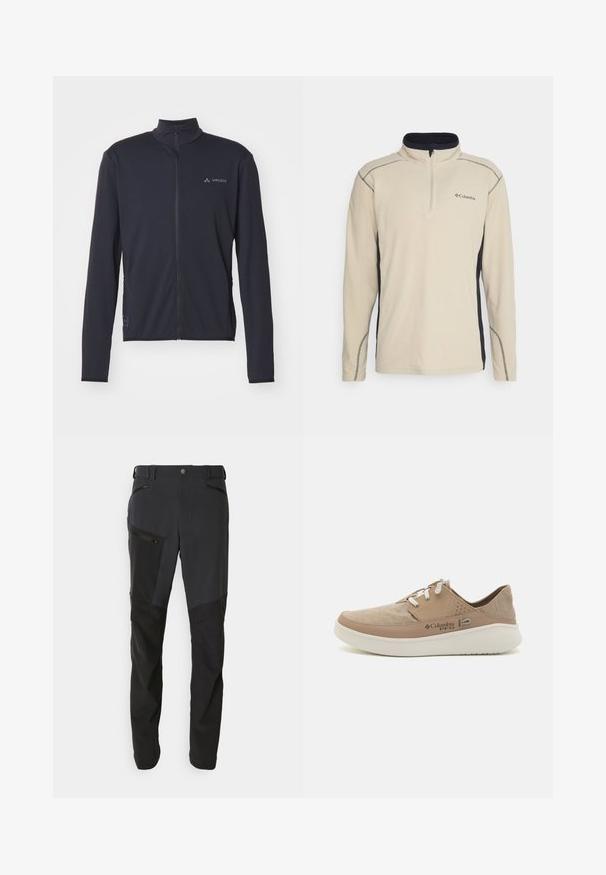 Svart zip-up jacka i mjukt tyg, med hög krage, långa ärmar och kontrasterande logotyp på vänster bröst.; Beige fleece tröja med en svart sidopanel, kvartdragkedja framtill och kontrasterande sömmar. Har en liten logotyp på bröstet.; Byxor i mörkgrått och svart, med en blandning av texturer, flera fickor med dragkedja och design med rak ben. Hållbart material används.; Beige kanvas sneakers med ljusbruna lädersdetaljer, vita snören och perforeringar på sidan, utrustade med en vadderad sula.