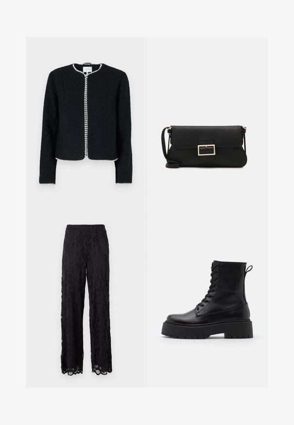 Giacca nera con texture, colletto rotondo, forma aderente e dettaglio di perle lungo la chiusura frontale, dotata di maniche lunghe e senza chiusure visibili.; Maglione grigio con scollatura rotonda, maniche lunghe e sottoveste bianca con colletto. Decorato con accenti a forma di perla sparsi. Texture morbida.; Pantaloni neri a gamba larga con una texture in pizzo, caratterizzati da motivi floreali e orli a merletto. Design leggero e fluido per il massimo comfort.; Stivaletti in pelle nera alla caviglia con punta rotonda, lace-up frontale e suola in gomma spessa con battistrada textured. Tassello sul retro.; Borsa a mano in pelle nera con patta e dettaglio in metallo dorato. Include una tracolla nera e un design elegante e minimalista.