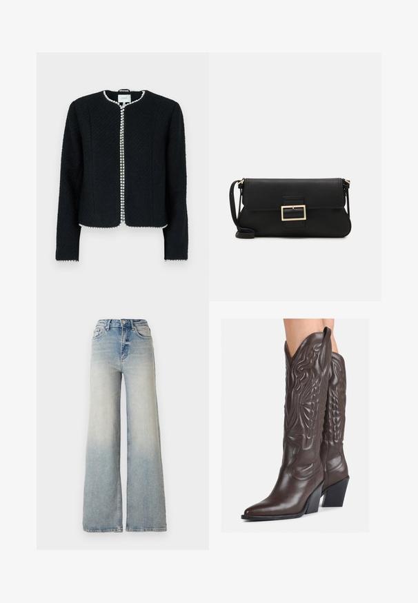 Črna teksturirana jakna z okroglim izrezom, prilegajoča se oblika in bisernim okrasom ob sprednjem zapiranju, z dolgimi rokavi in brez vidnih zaponk.; Bela brezrokavna majica iz rebraste tkanine, z zaobljenim izrezom in prilegajočim silhueto, z minimalnimi šivi in brez okraskov.; Svijetloplave široke traperice s visokim strukom, koje imaju pet džepova i vidljivo šivanje uz šavove.; Rjave usnjene kavbojske čevlje z ostrim nosom in blok peto, ki vsebujejo podrobno šivanje in dvignjene dodatke na zgornjem delu.; Črna usnjena torbica na preklop z zlato kovinsko zaponko. Vključuje črn trak in eleganten, minimalističen dizajn.