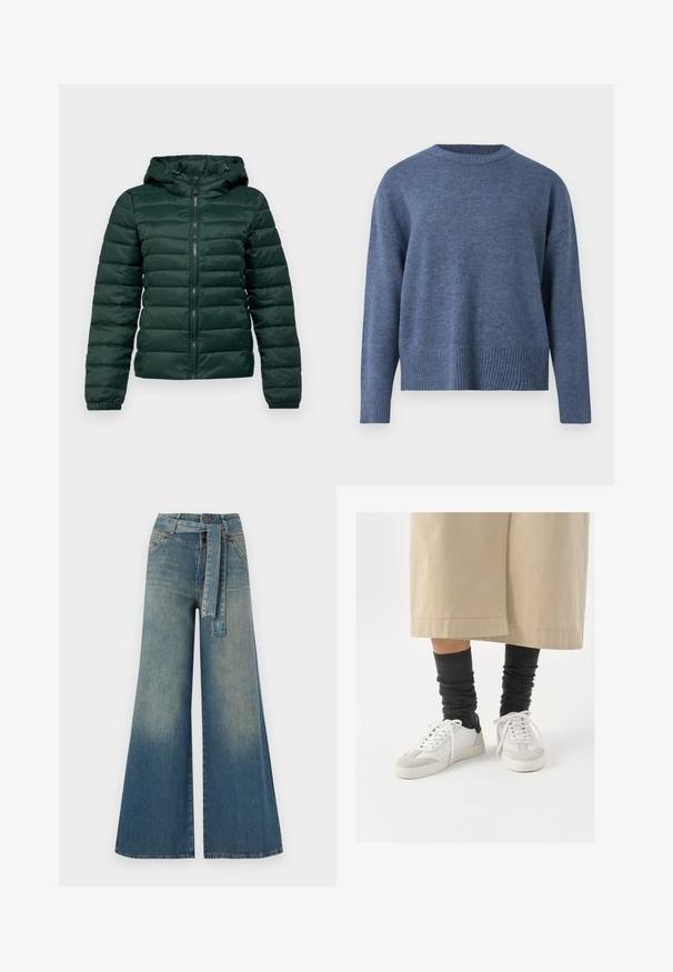 Donker groene pufferjack met een rits aan de voorkant, capuchon, geribde boorden en horizontale stiksels. Zachte, gladde textuur met een gewatteerd ontwerp.; Blauwe gebreide trui met een geribbelde halslijn en zoom. Heeft lange mouwen en een ontspannen pasvorm, gemaakt van zachte stof.; Wijduitlopende denim broek met een lichte naar donkere blauwe gradient, hoge taille, riemlussen en een bijpassende stoffen riem. Gestructureerde denimafwerking.; Witte en grijze sneakers met een zwarte hielaccent, voorzien van een glad leren bovenwerk en een getextureerde suède neus. Draag ze met donkergrijze slouchy sokken.