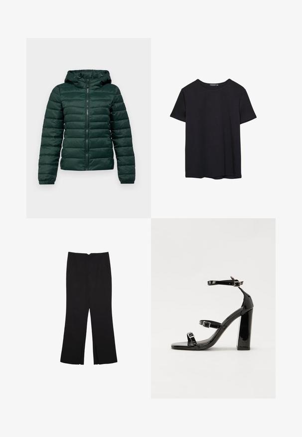 Dark green puffer jacket with a zip front, hood, ribbed cuffs, and horizontal stitching. Soft, smooth texture with a padded design.; Plain short-sleeve black cotton T-shirt with crew neck, displayed on a white background.; Black trousers with a straight fit, featuring front pockets and side slits at the hem. Made of soft, smooth fabric. Suitable for various occasions.; Black patent heeled sandals with a square toe, ankle straps, and silver buckles. Features a chunky block heel for stability.