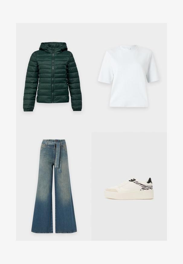 Tmavozelená nadýchaná bunda so zapínaním na zips, kapucňou, rebrovými manžetami a horizontálnym šitím. Mäkká, hladká textúra s polstrovaným dizajnom.; Svetlomodré tričko s krátkym rukávom, vyrobené z mäkkého bavlneného materiálu. Má klasický okrúhly výstrih a voľný strih, bez vzorov a akcentov.; Džínsy s širokými nohavicami, ktoré majú prechod od svetlomodrej po tmavomodrú, vysoký pás, pútka na opasok a opasok z rovnakého materiálu. Textúrovaný denimový povrch.; Even&Odd Tenisky - white/black