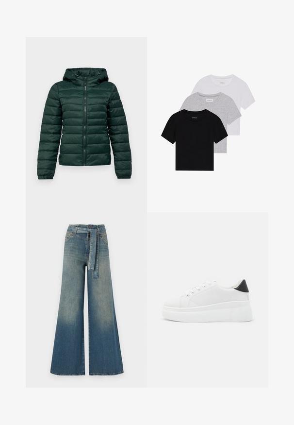 Tumši zaļa pūkaina jaka ar rāvējslēdzēju priekšā, kapuci, ribotu aproču un horizontālām šuvēm. Mīksts, gluds audums ar polsterētu dizainu.; Trīs īsām piedurknēm T-krekli melnā, pelēkā un baltā krāsā. Izgatavoti no kokvilnas, ar apaļu kakla izgriezumu un vienkāršu, viendabīgu krāsas dizainu.; Platām kājām džinsu bikses ar gaismas līdz tumši zilam gradientam, augstu jostas līniju, jostas cilpām un atbilstošu auduma jostu. Tekstūrēts džinsas apdare.; Baltas platforma kedas, izgatavotas no gludas sintētiskas vielas, ar noapaļotu purngalu, saites dizainu un teksturētu gumijas zoli. Melna papēža akcenta detaļa.