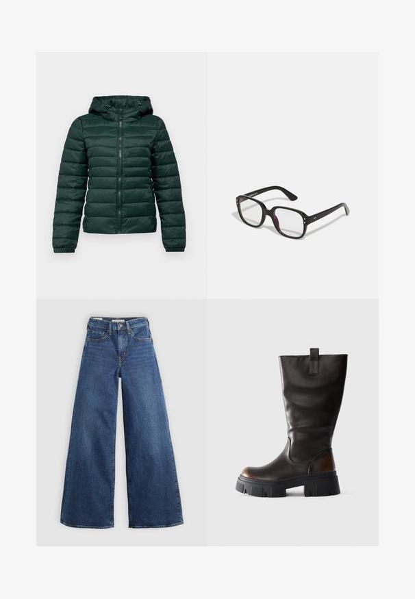 Mørkegrønn pufferjakke med glidelås foran, hette, ribbede mansjetter, og horisontal søm. Myk, glatt tekstur med et polstret design.; Hvit ermeløs topp med rund hals, laget av mykt stoff. Rett hem uten synlige mønstre eller dekorasjoner.; Videben blå denim bukser med fem lommer, en knaplukning og kontrastsyninger, som har en blød og tekstureret overflade.; Høy svart skinnstøvlett med chunky svart plattformsåle og brunt akcent på hælen, sidevisning på lys grå bakgrunn.; Svart rektangulære briller med klare linser, med avrundede kanter og sideakenter, med en blank finish på rammen og armene.; Blå denimveske med en polstret, rund form og et buet håndtak. Teksturen er myk, med synlige sømmer og en jevn overflate.