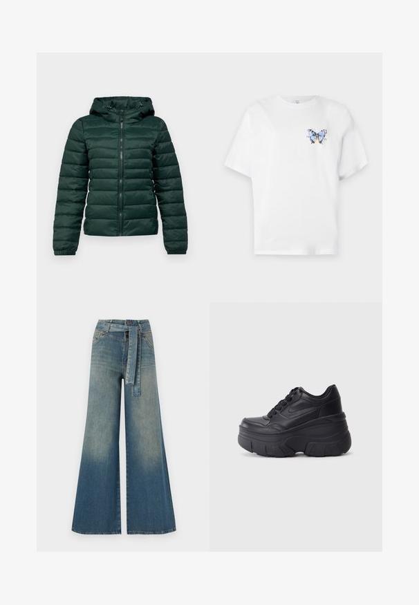 Tmavě zelená péřová bunda se zipem vpředu, kapucí, žebrovanými manžetami a horizontálním prošíváním. Měkká, hladká textura s polstrovaným designem.; Bílý bavlněný tričko s barevným potiskem motýla na levé části hrudi. Krátké rukávy a volný střih.; Džínové kalhoty širokého střihu s přechodem od světlé k tmavě modré, vysokým pasem, poutky na opasek a odpovídajícím opaskem ze stejného materiálu. Texturovaná džínovina.; Černé šněrovací tenisky s robustní podrážkou, s hladkým koženým svrškem, zaoblenou špičkou a výrazným vrstveným designem platformy.