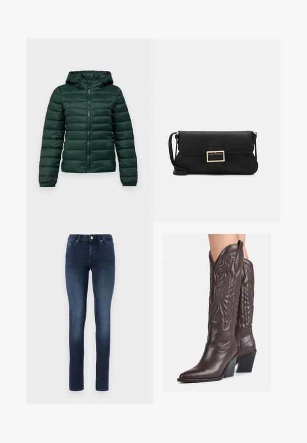 Tamnozelena puf jakna s patentnim zatvaračem, kapuljačom, rebrastim manžetama i horizontalnim šavovima. Mekana, glatka tekstura s podstavljenim dizajnom.; Bijela majica bez rukava napravljena od rebraste tkanine, s okruglim izrezom i uklapajućim siluetom, s minimalnim šavovima i bez ukrasa.; Tamno plave uske traperice napravljene od denima, s klasičnim dizajnom od pet džepova, dugmadi za zatvaranje i suptilnim izbljeđivanjem na bedrama.; Smeđe kožne kauboj čizme s šiljastim vrhom i blok-potpeticom, s detaljno izvezenim šavovima i uzdignutim naglascima na okovu.; Crna kožna clutch torbica s preklopom i zlatnim metalnim detaljem kopče. Uključuje crnu trakicu i elegantan, minimalistički dizajn.