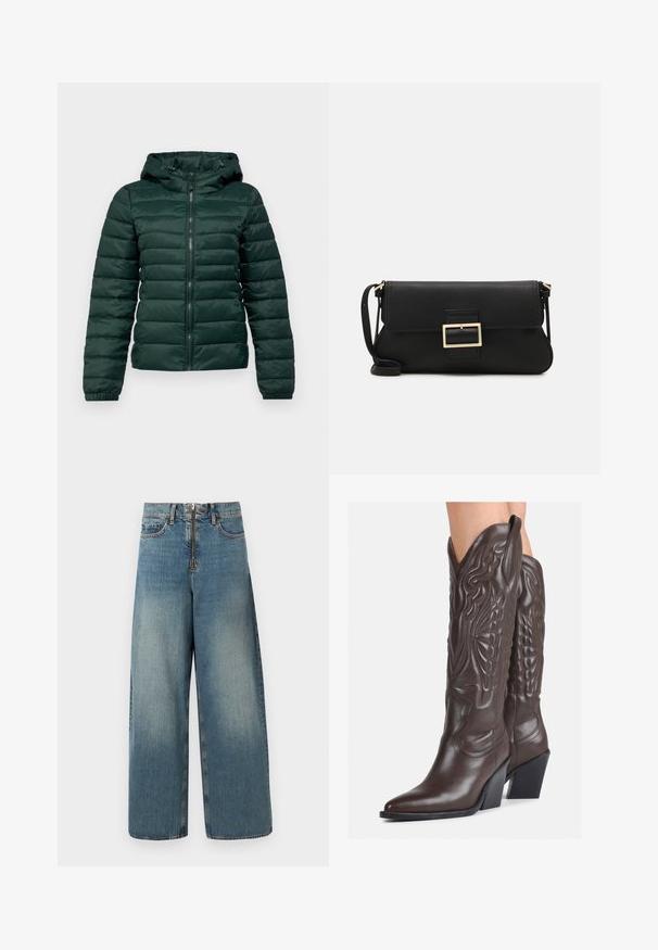 Giacca a vento verde scuro con zip frontale, cappuccio, polsini a coste e cuciture orizzontali. Tessuto morbido e liscio con un design imbottito.; Top senza maniche bianco realizzato in tessuto a coste, caratterizzato da un collo arrotondato e una silhouette aderente, con cuciture minime e senza decorazioni.; Jeans in denim a gamba larga in un lavaggio blu chiaro. Presentano una chiusura con zip e bottone, e un leggero sbiadimento per un effetto usurato.; Stivali da cowboy in pelle marrone con punta affusolata e tacco a blocco, caratterizzati da dettagliati ricami e accenti rialzati sul gambale.; Borsa a mano in pelle nera con patta e dettaglio in metallo dorato. Include una tracolla nera e un design elegante e minimalista.