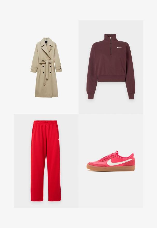 Beživi trench kaput s dvostrukim kopčanjem sprijeda, velikim reverima, remenom na struku i crnim dugmadima kao ukrasima. Dugi, ravno krojeni rukavi.; Bordo zip-up dukserica s visokim ovratnikom, skraćeni dizajn, rebraste manžetne i donji rub, s bijelim Nike logotipom na prsima.; Crvene atletske hlače s elastičnim pojasom, bočnim džepovima i bijelim Nike logotipom na lijevoj strani. Izrađene od glatkog materijala.; Ružičaste tenisice s glatkim sintetičkim gornjim dijelom, bijelim Swoosh logotipom i gumiranim potplatom. Imaju okrugle vezice i podstavljen ovratnik za udobnost.