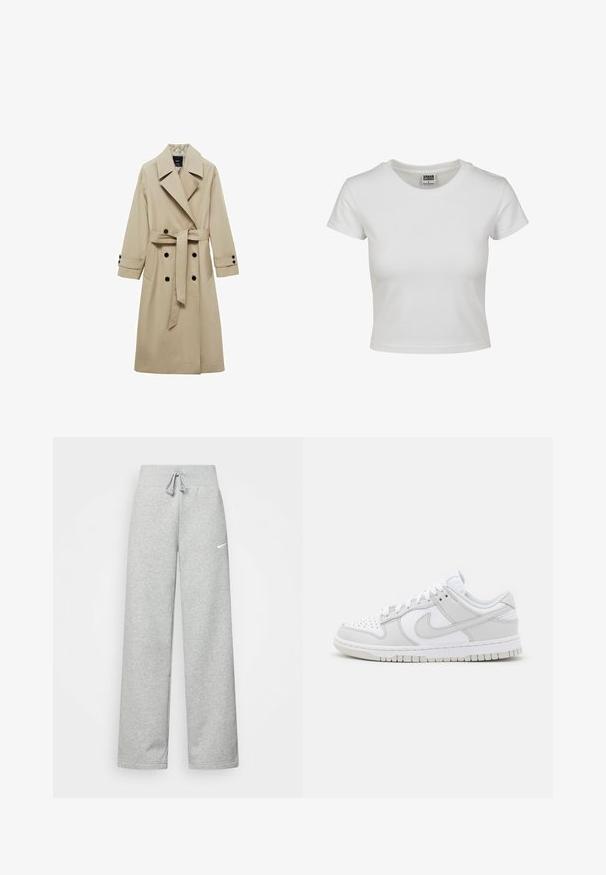 Bež plašč s dvojno zadrgo spredaj, velikimi reverji, pasom z zavezo v pasu in črnimi gumbi. Dolgi, ravno krojeni rokavi.; Bela bombažna majica s klasičnim okroglim ovratnikom, kratkimi rokavi in prilegajočim se krojem. Ni vidnih vzorcev ali dodatkov.; Sive hlače iz trenirke z elastičnim pasom, detajlom na vezanje in majhnim belim logotipom Nike na levem stegnu. Mehak material, ohlapen kroj.; Bela usnjena športna obutev z sivo-nitastimi detajli, perforiranim prstom, ravnimi vezalkami, oblazinjeno ovratnikom in teksturirano gumijasto podplatom.