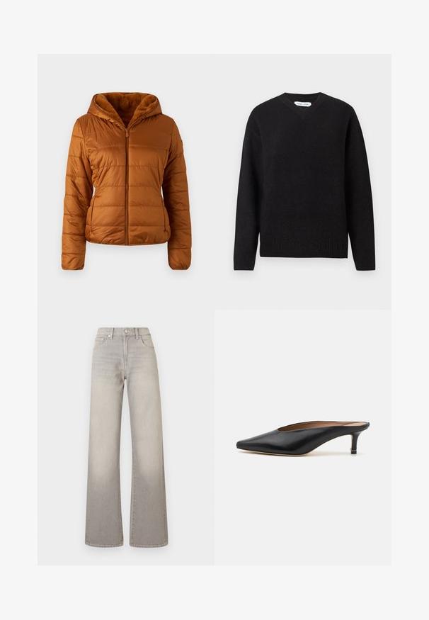Prošívaná péřová bunda v teplé hnědé barvě, s předním zipem, kapucí a měkkou kožešinovou podšívkou. Texturovaná tkanina s nenápadnými bočními kapsami.; Černý svetr s výstřihem do V, vyrobený z měkké směsi vlny, s dlouhými rukávy a žebrovanými manžetami a lemem. Jednoduchý, klasický design bez vzorů nebo akcentů.; Šedé široké džíny s vybledlým vzhledem, zapínání na knoflík, pět kapsičkový design a prošívání podél švů.; Černé kožené muly s špičatou špičkou a nízkým blokovým podpatkem. Hladká textura s elegantním designem. Otevřená zadní část s minimálními detaily.