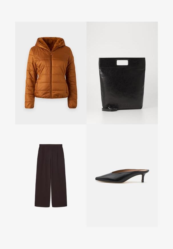 Quiltet steppjakke i varm brun, med glidelås foran, hette og myk fôr av pels. Teksturert stoff med diskré sidelommer.; Hvit langermet skjorte med krage laget av bomull. Den har en knappestolpe foran og en enkelt brystlomme. Glatt tekstur og avslappet passform.; Mørkebrun vid benbukser laget av lett stoff, med høy liv, folder og to sidelommer, samt en elastisk linning.; Sorte lærmules med spiss tå og lav, blokkert hæl. Glatt tekstur med et elegant design. Åpen bak med minimal detaljering.; Svart lær tote veske med firkantet håndtak, med teksturert overflate og preget logo. Inkluderer en avtagbar stropp.