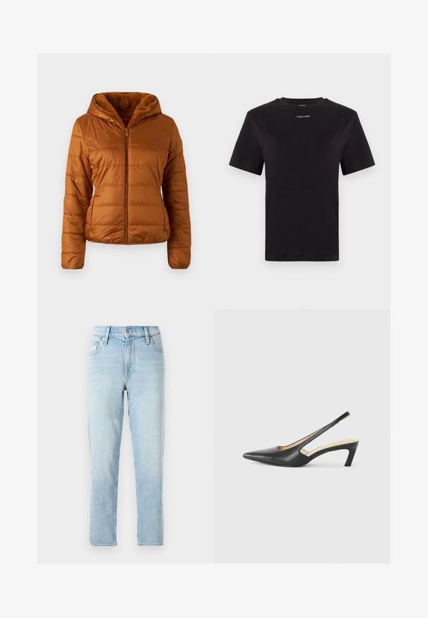 Quilted puffer jacket in warm brown, featuring a zip front, hood, and soft fur lining. Textured fabric with discreet side pockets.; Black cotton t-shirt with short sleeves, crew neck, and small white "Calvin Klein" logo at the chest. Smooth texture, classic fit.; Light blue denim jeans, straight-leg design, mid-rise waist, with five-pocket styling and a button closure at the front.; Black pointy-toed slingback shoe with a low heel, featuring smooth leather material and cut-out design on the side for breathability.