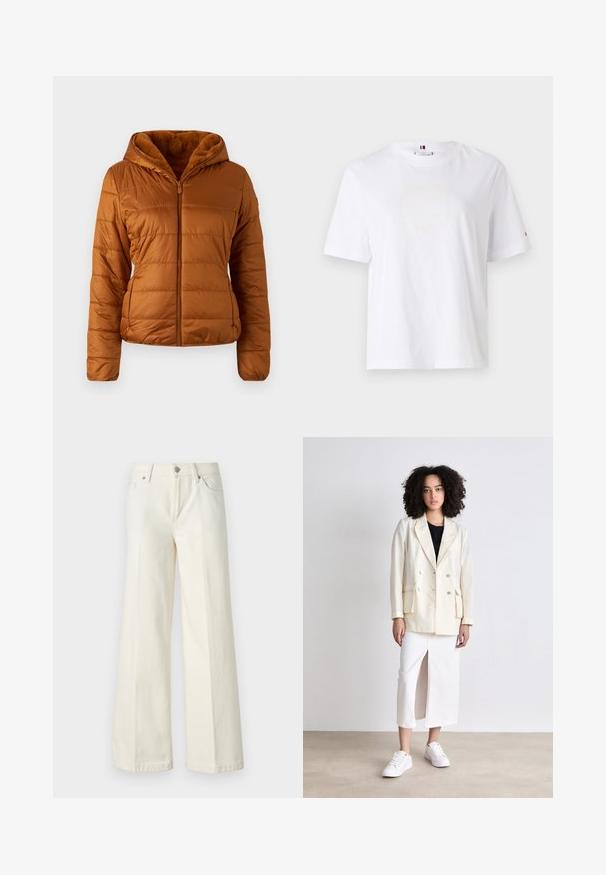 Quilted puffer jacket in warm brown, featuring a zip front, hood, and soft fur lining. Textured fabric with discreet side pockets.; White cotton T-shirt with a crew neck, short sleeves, and subtle yellow logo design reading "HILFIGER NEW YORK 1985." Standard fit.; Wide-leg white jeans made from cotton blend fabric. Features a zipper fly, five-pocket design, and stitching along the seams.; Cream double-breasted blazer with two front pockets, worn over a black top, paired with a white skirt featuring a front slit and white sneakers.