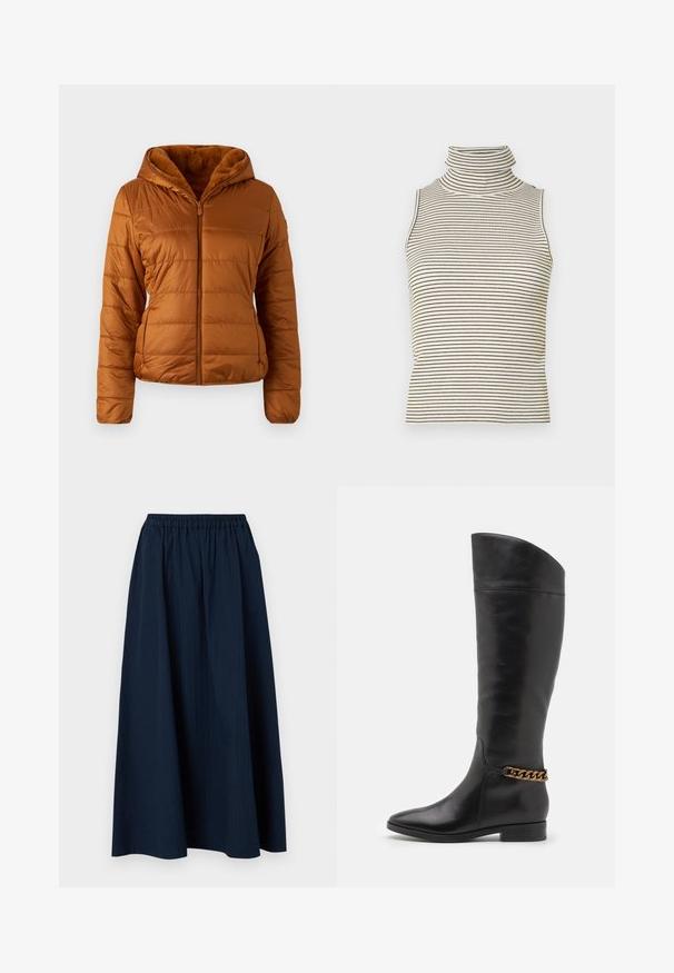Giacca puffer trapuntata in marrone caldo, con chiusura a zip, cappuccio e morbida fodera in pelliccia. Tessuto testurizzato con tasche laterali discrete.; Top senza maniche a collo alto con righe verticali bianche e nere, realizzato in un tessuto a maglia testurizzato e dotato di un colletto alto e aderente.; Gonna lunga di colore blu navy realizzata in tessuto testurizzato con vita elastica e sottili righe verticali.; Alti stivali in pelle nera dal design elegante, punta affusolata e dettagli in catena dorata alla caviglia. Tacco a blocco basso. Texture liscia.