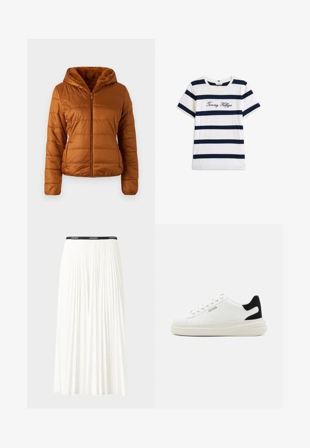 Gestepptes Puffer-Jackett in warmem Braun, mit durchgehendem Reißverschluss, Kapuze und weichem Futter aus Fell. Texturiertes Material mit dezenten Seitentaschen.; Baumwoll-T-Shirt mit horizontalen navy-blauen Streifen auf weißem Hintergrund. "Tommy Hilfiger" in Kursivschrift auf der Brust gestickt. Runder Halsausschnitt.; Faltenrock aus Weiß mit einem schwarzen elastischen Bund, der das "LACOSTE"-Logo trägt. Mittellanges Design mit weicher Textur.; Weiße Leder-Sneaker mit einer dicken weißen Sohle, schwarzem Wildlederakzent an der Ferse und geprägtem Logo an der Seite. Schnürdesign mit sechs Ösen.