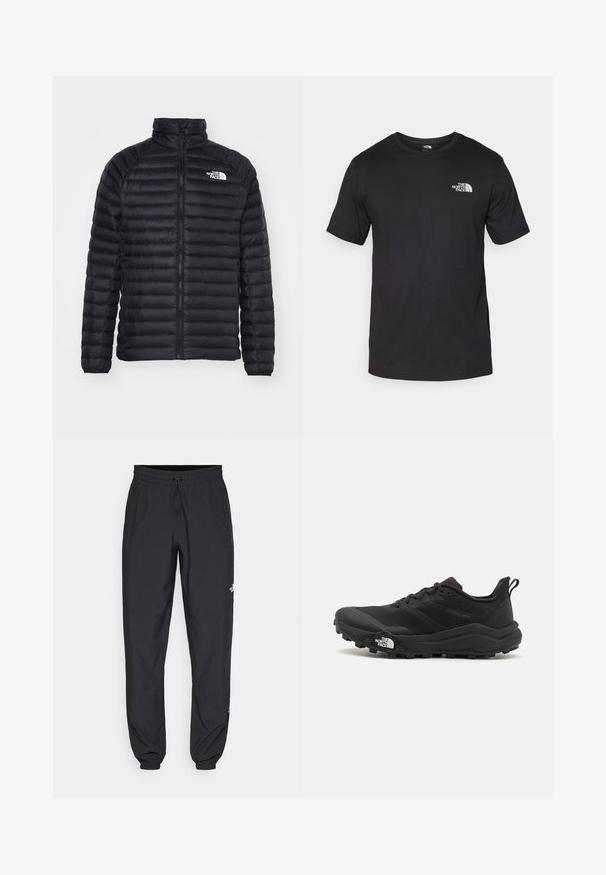 Juodas pūkinis švarkas su užtrauktuku priekyje, aukštu kaklu ir horizontaliomis siūlėmis. Rūbą puošia logotipas ant krūtinės ir elastingi rankogaliai. Lengvas ir izoliuotas.; Juodas trumpas rankovės marškinėliai, pagaminti iš medvilnės, su apvaliu kaklu ir mažu baltu logotipu viršutiniame kairiajame krūtinės kampe.; Juodos sportinės kelnės, pagamintos iš lengvos medžiagos, su raišteliu liemens srityje, šoniniais kišenėmis ir siaurėjantys apykaklės prie kulkšnies.; Juoda bėgimo batai su tekstūruotu paviršiumi, guma padais ir sustiprinta pirštų dalimi. Yra paminkštinta apykaklė ir kilpos, leidžiančios lengvai užsidėti.