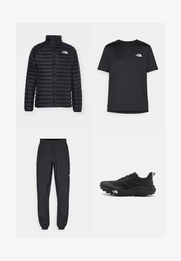 Black puffer jacket with zip front, high collar, and horizontal stitching. Features logo on chest and elastic cuffs. Lightweight and insulated.; Black short-sleeve T-shirt made from lightweight fabric. Features a small white logo on the left chest and subtle shoulder accents.; Black athletic pants made from lightweight fabric, featuring a drawstring waistband, side pockets, and tapered cuffs at the ankles.; Black trail running shoe with a textured upper, rubber sole, and reinforced toe cap. Features a padded collar and pull tab for easy wear.