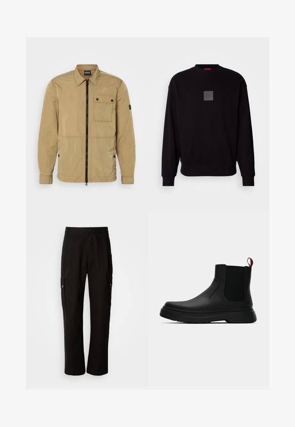 Bež, kerge jakk kortsus tekstuuriga, ees on lukuga, nööbitav rinnatasku ja küljetaskud. Omab kraega disaini.; Mustra musta dressipluus pikade varrukatega, ümar kaelus, ees hall ruudukujuline logo, pehme tekstuur ning soonikkoes varrukate ja allääre juures.; Mustad mustadeks rõivasteks mõeldud puuvillased püksid, millel on lõdva istuvuse disain, küljetaskud, nööbiga sulgemine ja sirged sääred. Lihtne disain ilma mustriteta.; Mustad musta värvi ankle boot, millel on sile viimistlus, elastsed külgpaneelid ja kontrastne punane tõmbetaba. Saapadel on paks kummist tald ja ümar varvas.