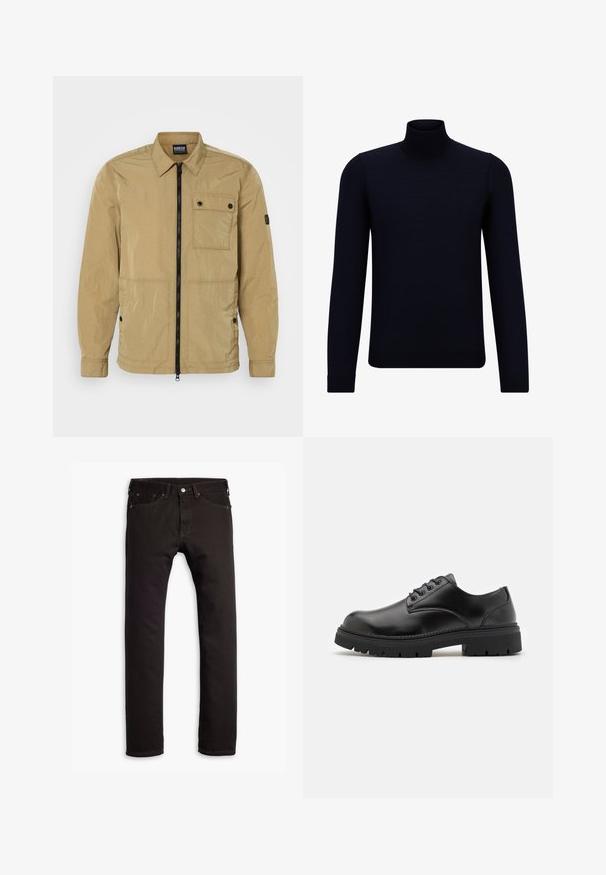 Beige, lightweight jacket in a crinkled texture with a front zipper, buttoned chest pocket, and side pockets. Features a collared design.; Dark navy turtleneck sweater made of fine knit fabric, featuring long sleeves and a fitted, high neckline. No visible patterns or accents.; Black slim-fit jeans with five pockets and button closure, displayed flat on a white background.; Black leather shoes with a rounded toe, lace-up design, and a thick, textured rubber sole. Features stitching along the edge and a smooth finish.