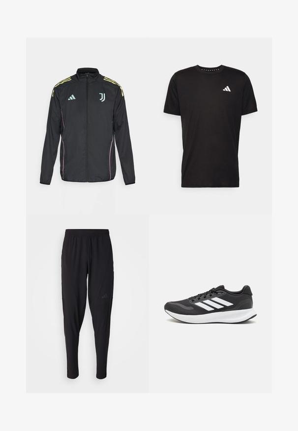 Melnā sporta jaka ar dzeltenām plecu svītrām. Satur priekšējo rāvējslēdzēju, divu toņu Adidas logo, Juventus emblemu un rozā sānu akcentus.; Melna kokvilnas t-krekls ar īsām piedurknēm, apaļu dekoltē un balto logo uz kreisā krūts. Gluda tekstūra un vienkāršs dizains.; Melni sporta bikses ar elastīgu jostasvietu, sašaurinātu dizainu, sānu kabatām un smalku logo akcentu. Izgatavotas no elastīga, elpojoša auduma.; Melnas sporta kurpes ar elpojošu acs augšu, baltām akcentiem un mīkstu zoli. Sānā ir trīs svītru logo.