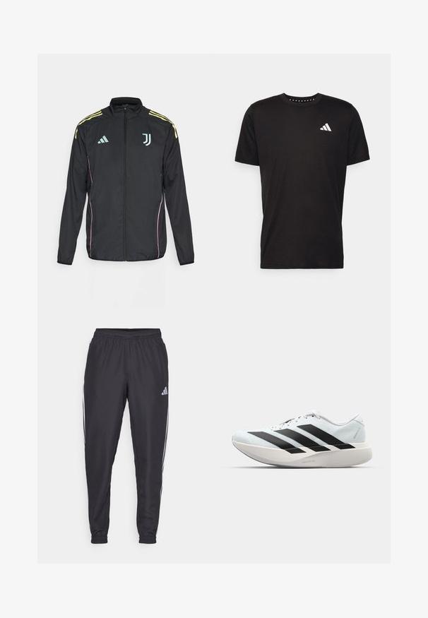 Casaco desportivo preto com riscas amarelas nos ombros. Apresenta fecho zip, logotipo Adidas em duas tonalidades, emblema da Juventus e acentos laterais em rosa.; T-shirt de algodão preto com mangas curtas, decote redondo e um logo branco no lado esquerdo do peito. Textura suave e design simples.; Calças atléticas pretas com um cós elástico, apresentando riscas brancas nas laterais e um pequeno logótipo no quadril. Textura suave.; Tênis de corrida leves em azul pálido com riscas pretas. Apresentam um cabedal liso, bico redondo e uma entressola espessa branca rotulada como "LIGHTSTRIKE PRO."