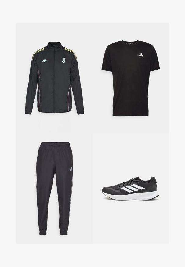 Giacca a track nera con strisce gialle sulle spalle. Presenta una zip frontale, logo Adidas bicolore, emblema della Juventus e dettagli in rosa sui lati.; T-shirt in cotone nero con maniche corte, scollo rotondo e logo bianco sul lato sinistro del petto. Texture liscia e design semplice.; Pantaloni sportivi neri con cintura elastica, dotati di strisce bianche lungo i lati e un piccolo logo sull'anca. Tessuto liscio.; Scarpa sportiva nera con tomaia in mesh traspirante, dettagli bianchi e suola ammortizzata. Presenta il logo con tre strisce sul lato.