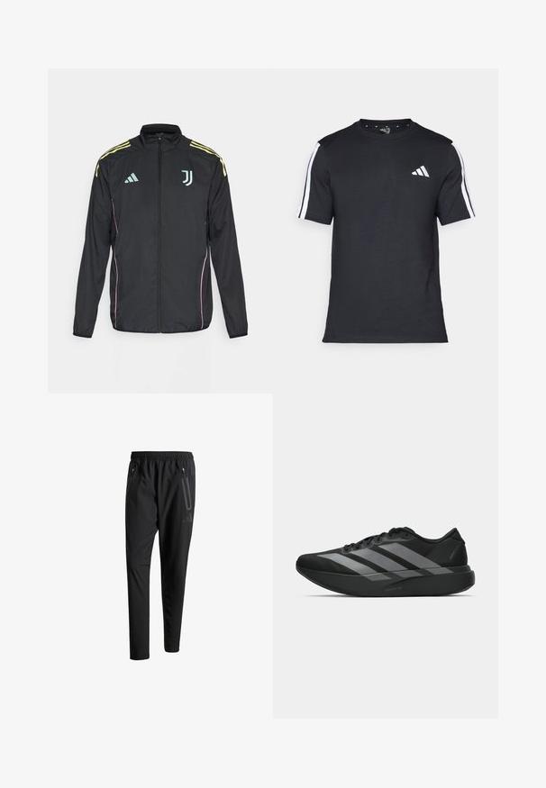 Svart sporjakke med gule skulderstriper. Har glidelås foran, to-farget Adidas-logo, Juventus-emblem, og rosa sidelister.; Svart T-skjorte laget av bomull med korte ermer, med hvite striper på skuldrene og en hvit logo på venstre bryst.; Svarte treningsbukser med elastisk liv, to glidelåslommer på sidene, avsmalnende ben og en subtil logo detalj ved hoften.; Sorte svarte treningssko med lett design, med tre fremtredende grå striper, en glatt tekstur og en formet såle.