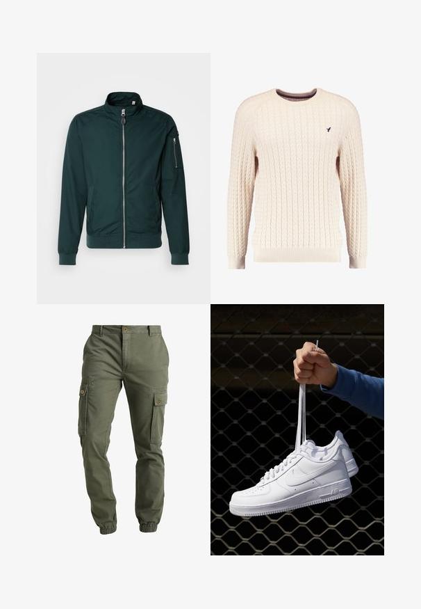 Σκούρο πράσινο μπουφάν bomber με φερμουάρ μπροστά, ψηλό γιακά, πλαινές τσέπες και τσέπη στο μανίκι. Κατασκευασμένο από μαλακό ύφασμα με ραβδωτές μανσέτες.; Κρεμ πουλόβερ με χοντρή πλέξη και μακριά μανίκια, με στρογγυλή λαιμόκοψη. Διαθέτει ριγωτές μανσέτες και στρίφωμα, με ένα μικρό κεντητό λογότυπο στο στήθος.; Ελαιολαδοπράσινα cargo παντελόνια με ελαστικές μανσέτες, πολλαπλές πλαϊνές τσέπες, κούμπωμα με κουμπί και ανθεκτικό βαμβακερό υλικό. Λείος υφή.; Λευκά δερμάτινα αθλητικά παπούτσια με διάτρητο σχέδιο, στρογγυλή μύτη, επίπεδη σόλα και χοντρές κορδόνες, με εμφάνιση του λογότυπου swoosh και την ένδειξη "AIR" στη φτέρνα.