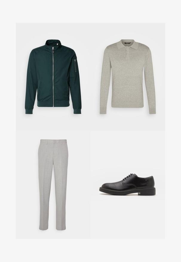 Casaco bomber verde-escuro com fecho frontal, gola alta, bolsos laterais e um bolso na manga. Feito de tecido suave com punhos canelados.; Polo de manga longa cinza claro, feito de um tecido suave, com uma pala de três botões e punhos canelados, apresentando um design de colarinho clássico.; Calças cinza claro com uma textura suave, frente lisa e pernas rectas. Feitas de um tecido respirável, com bolsos internos e passantes para cinto.; Sapatilha preta em couro, com atilhos, ponta arredondada, textura suave, costura mínima e um salto baixo em borracha. Logotipo no calcanhar.