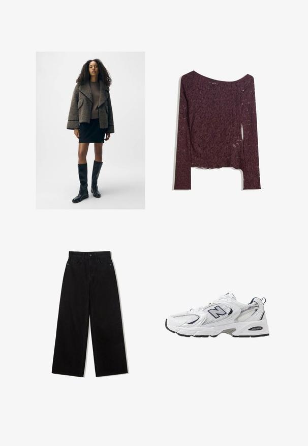 Gestructureerde bruine schapenleren jas met brede revers, een aansluitende bruine trui, zwarte mini-jurk en zwart leren laarzen tot de knie.; Kanten langemouwen top in diep burgundy, met een off-shoulder ontwerp, bloemmotieven en een licht transparante textuur met een rechte zoom.; Zwarte, wijde spijkerbroek van denim met een hoge taille, voorzien van een vijf-pocket ontwerp en een enkele knoopsluiting aan de voorkant.; Witte sport schoen met mesh bovenkant, marineblauwe accenten en een gehoorzaamde zool. Bevat het "N" logo, veters en een gestructureerde detail aan de zijkant.