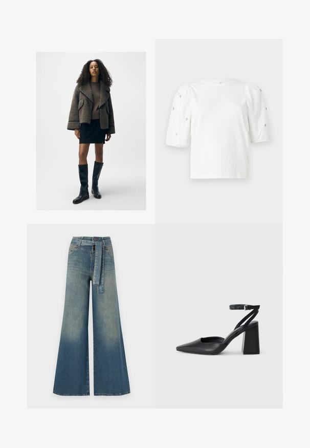 Teksturert brun shearling-jakke med brede slag, en tettsittende brun genser, svart miniskjørt og knelange svarte skinnstøvler.; Hvit bomull T-skjorte med korte pufferm, med små sølvdekorasjoner langs ermene. Klassisk rund hals, avslappet passform.; Bredde ben jeans med en lyseblå til mørkeblå gradient, høyt liv, beltehemper og et matchende belte i samme stoff. Teksturert denimoverflate.; Svart lær pumps med spiss tå, ankelrem og kraftig hæl. Flat tekstur, strømlinjeformet design og minimalisme.