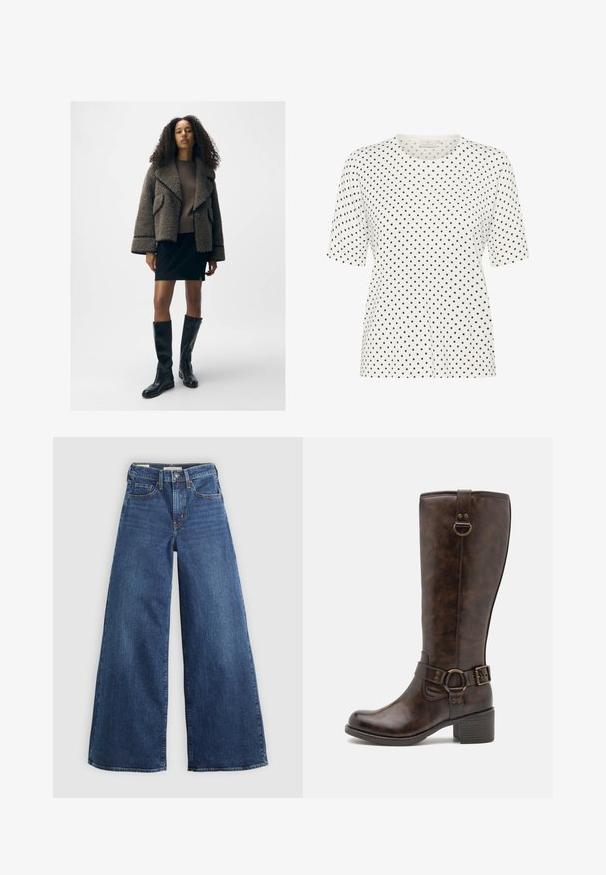Chaqueta de borrego marrón texturizada con solapas anchas, un suéter marrón ajustado, una mini falda negra y botas de cuero negras hasta la rodilla.; Camiseta blanca de manga corta con escote redondo, que presenta un estampado de pequeños puntos negros por toda la prenda. Tejido suave con un corte relajado.; Vaqueros de mezclilla azul de pierna ancha con cinco bolsillos, cierre de botón y costuras en contraste, con un acabado suave y texturizado.; Botas de cuero marrón hasta la rodilla con punta redonda, correa decorativa, herrajes circulares y un tacón bajo y cuadrado. Textura suave en todo.