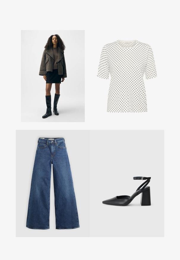 Textured brown shearling jacket with wide lapels, a fitted brown sweater, black mini skirt, and knee-high black leather boots.; White short-sleeve t-shirt with a round neckline, featuring a pattern of small black dots throughout. Soft fabric with a relaxed fit.; Wide-leg blue denim jeans with five pockets, a button closure, and contrast stitching, featuring a soft and textured finish.; Black leather pointy-toe pump with an ankle strap and a chunky heel. Flat texture, sleek design, and minimalistic aesthetics.
