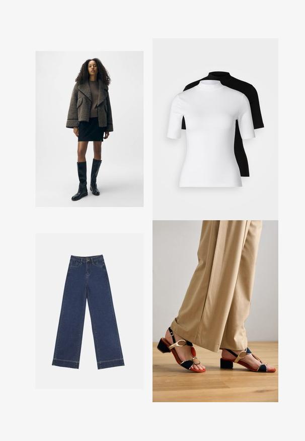 Strukturierte braune Schaffelljacke mit breiten Revers, einem taillierten braunen Pullover, einem schwarzen Minirock und knielangen schwarzen Lederstiefeln.; Set aus zwei enganliegenden Rollkragenoberteilen in Weiß und Schwarz. Kurzarm, glattes Baumwollmaterial und figurbetontes Design. Keine Muster oder Grafiken.; Weite Jeans in dunkelblauem Denim. Verfügt über fünf Taschen, Gürtelschlaufen und einen rohen Saum am unteren Ende mit sichtbaren Nahtdetails.; Farbenfrohe Absatzsandalen mit einer Mischung aus Rot, Marineblau und metallischen goldenen Akzenten, ausgestattet mit einem Blockabsatz und einem offenen Zehendesign.