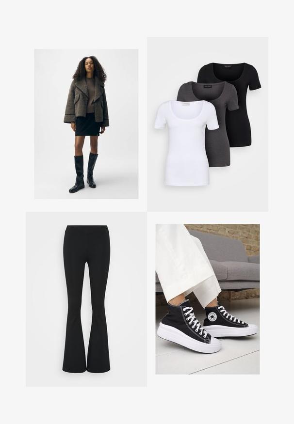 Rakkoinen ruskea shearling-takki leveillä läpillä, istuva ruskea villapaita, musta minihame ja polven yli yltävät mustat nahkasaappaat.; Kolme istuvaa T-paitaa valkoisena, harmaana ja mustana. Jokaisessa on leveä avara pääntie ja lyhyet hihat. Valmistettu sileästä ja joustavasta kankaasta.; Mustat leveät housut, jotka on valmistettu joustavasta kankaasta, ja joissa on korkea vyötärö sekä sileä pinta. Housut levenevät polven kohdalla.; Mustat kangaskengät korkealla varrella, joissa on valkoiset kumipohjat ja nauhat. Sivussa on pyöreä logo ja kontrastiväriset valkoiset tikkausommellut.