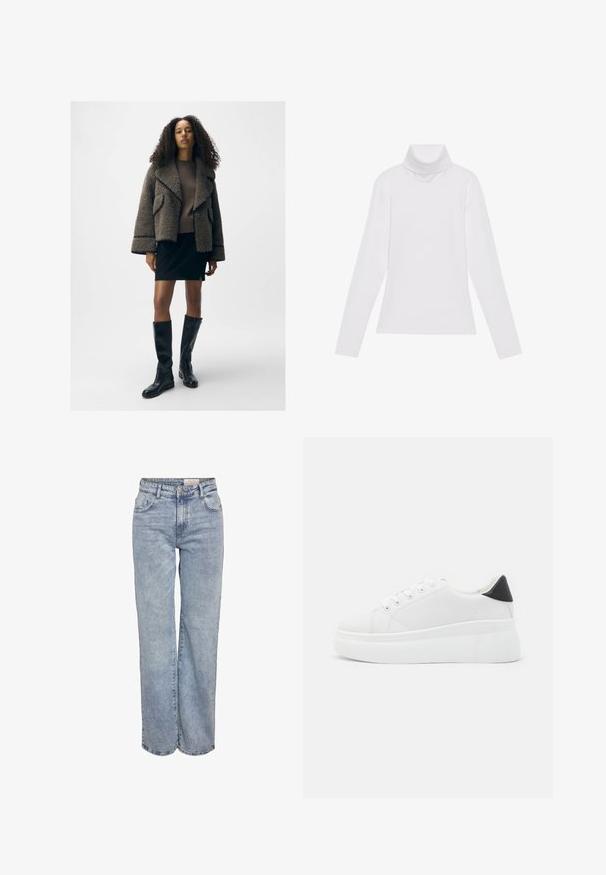 Textūruotas rudas avikailio švarkas su plačiais atlapais, prigludęs rudų megztinis, juoda mini sijonas ir juodi odiniai ilgaauliai batai.; Baltas ilgomis rankovėmis turtleneko tipo marškinėliai, pagaminti iš lygaus, tamprus audinys. Yra aukštas apykaklė ir prisitaikantis dizainas, be matomų raštų ar papuošimų.; Šviesiai mėlyni plačios kojų džinsai, pagaminti iš džinsinio audinio, pasižymintys aukštu liemeniu, penkių kišenių dizainu ir subtiliu blukimu, kad atrodytų jau dėvėti.; Balti platforminiai sportbačiai, pagaminti iš lygios sintetinio audinio, su apvaliu pirštu, raištelių užsegimu ir tekstūruota guma padanga. Juodas kulno akcentas.