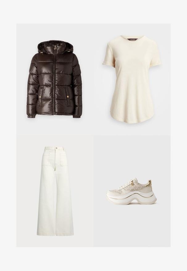 MICHAEL Michael Kors ULTRA LIGHTWEIGHT PUFFER - Vinterjakke - chocolate; Kremfarget T-skjorte med kort erme og rund hals. Myk tekstur og avslappet passform, med rullede ermekanter og en litt buet splitt.; Vidde bukser i off-white denim. Høyt liv-design med knappelukking, to frontlommer og kontrastsøm detaljer.; Beige og gull plattform sneakers med "MK" mønster, snøring foran, gull-charms, og tykk bølgete såle mot lyst bakgrunn.