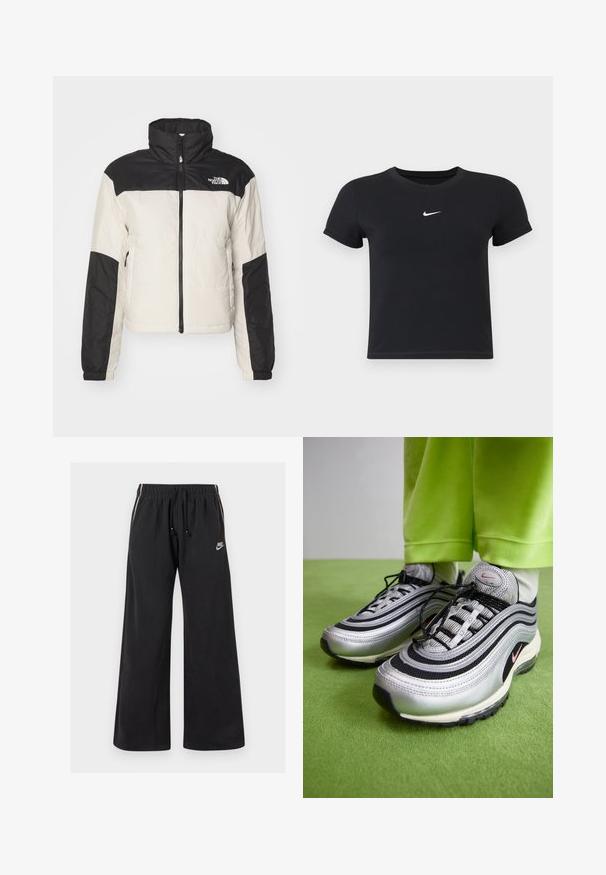 The North Face GOSEI mleczny; Czarny krótki rękaw t-shirt wykonany z bawełny, z okrągłym dekoltem. Posiada białe logo Nike na piersi, minimalistyczny wzór oraz dopasowany krój.; Czarne dresy wykonane z miękkiego materiału, z elastycznym paskiem w talii z sznurkiem, bocznymi paskami i małym logo z przodu po lewej stronie.; Srebrne i czarne sneakersy Nike Air Max 97 mają falisty design, wykonane są z siateczki i skóry, mają czarne sznurowadła i różowy akcent w logo.