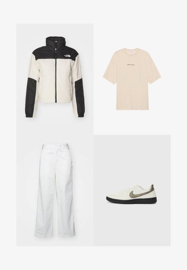 The North Face GOSEI PUFFER - Light jacket - white dune; Beige cotton t-shirt with a relaxed fit, featuring short sleeves and a rounded neckline. "Positive Sincere" printed in black on the front.; White wide-leg trousers made from cotton, featuring a smooth texture, straight fit, front pockets, and a clean hem.; Nike Sportswear FIELD GENERAL - Trainers - off-white/black